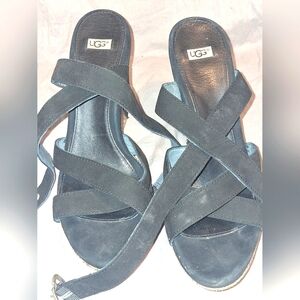 UGG Black Suede Open Toe Wedge Platform Strappy Sandals Women's Size 8.5M